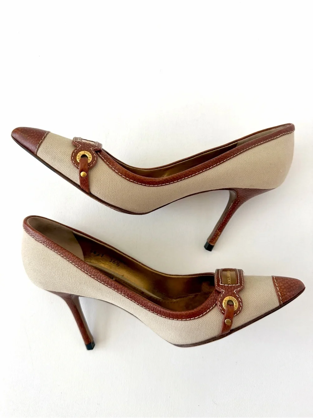 DOLCE & GABBANA | Vintage Canvas Leather Pointed Toe Pumps Heels EU 36.5